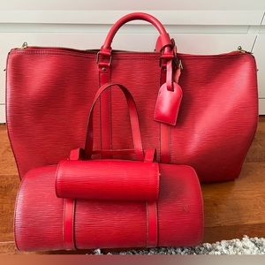 Auth LOUIS VUITTON Keepall 55 & Soufflot bag set Epi Red